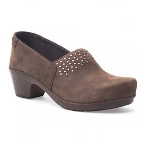 Dansko Mavis Milled Nubuck Studded Slip-on Brown Leather Clogs 37 Comfort Wedge